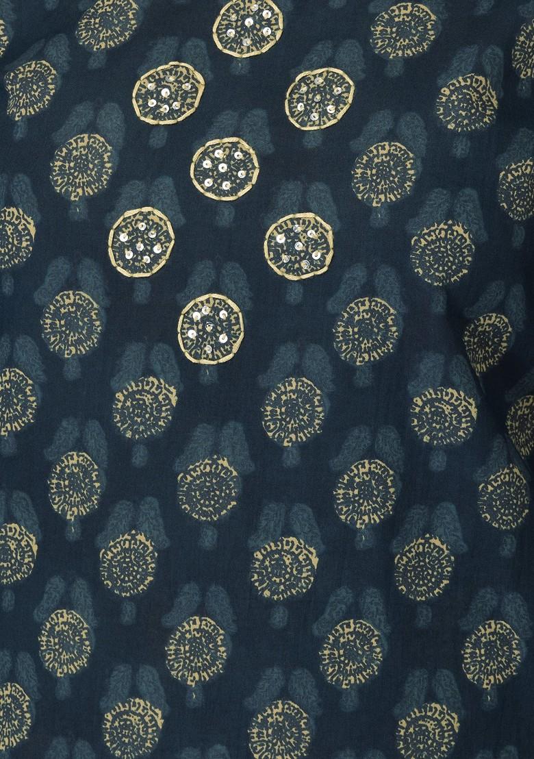 Navy Blue Screen-Printed Cotton Kurta