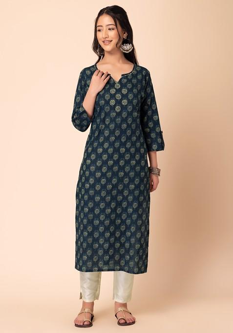 Blue - Jahota Block Print Cotton Pintuck Straight Kurta 24