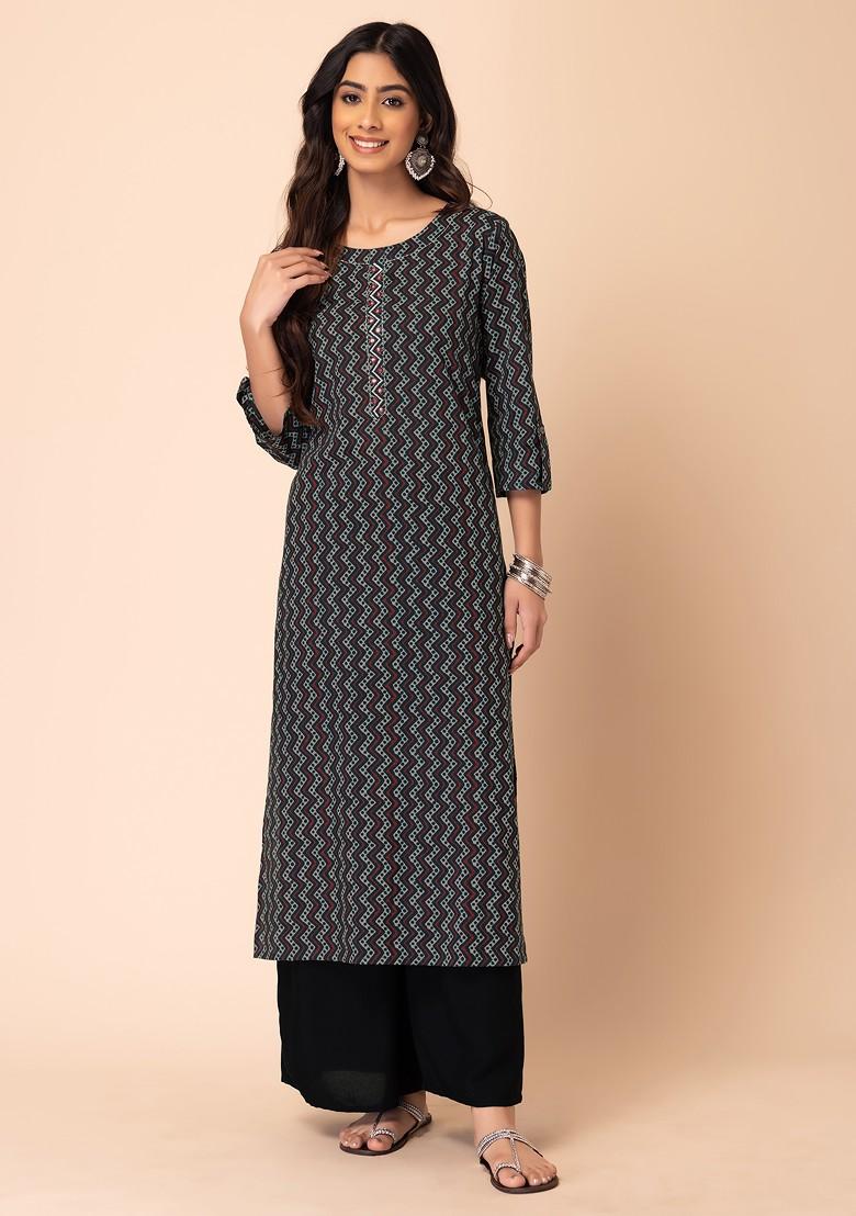 Grey Batik Print Cotton Straight Kurta 