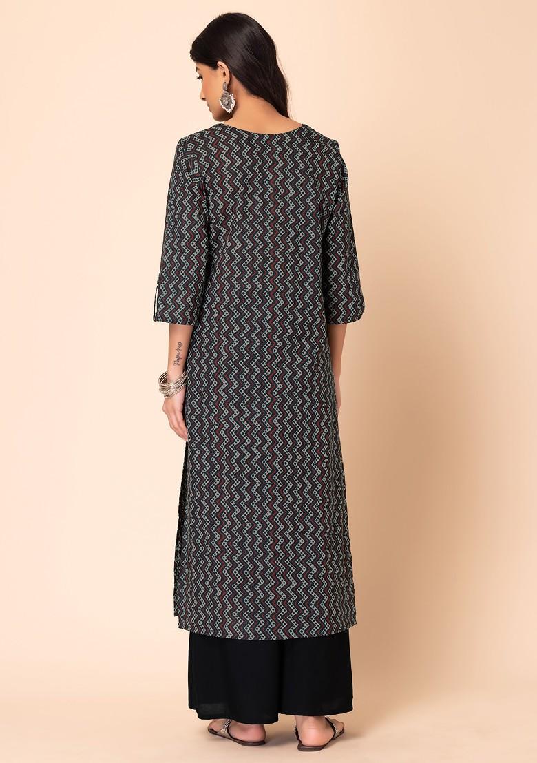 Grey Batik Print Cotton Straight Kurta 