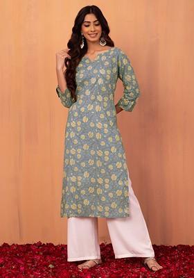 Light Blue Floral Print Cotton Straight Kurta