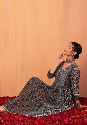 Beige Batik Print Muslin Maxi Dress 