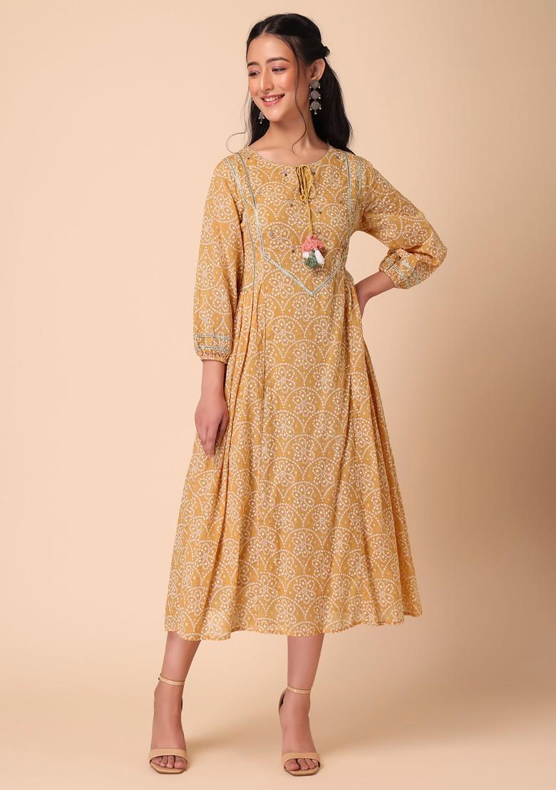 Mustard Bandhani Print Embroidered Cotton Maxi Dress 