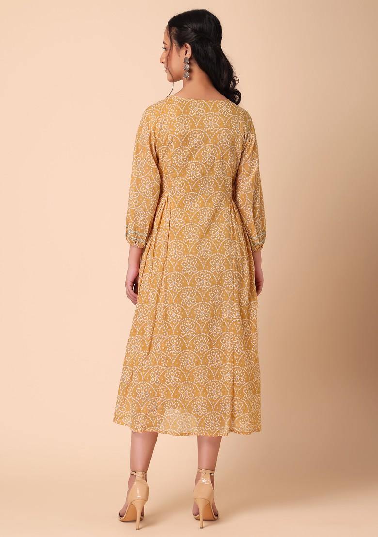 Mustard Bandhani Print Embroidered Cotton Maxi Dress 