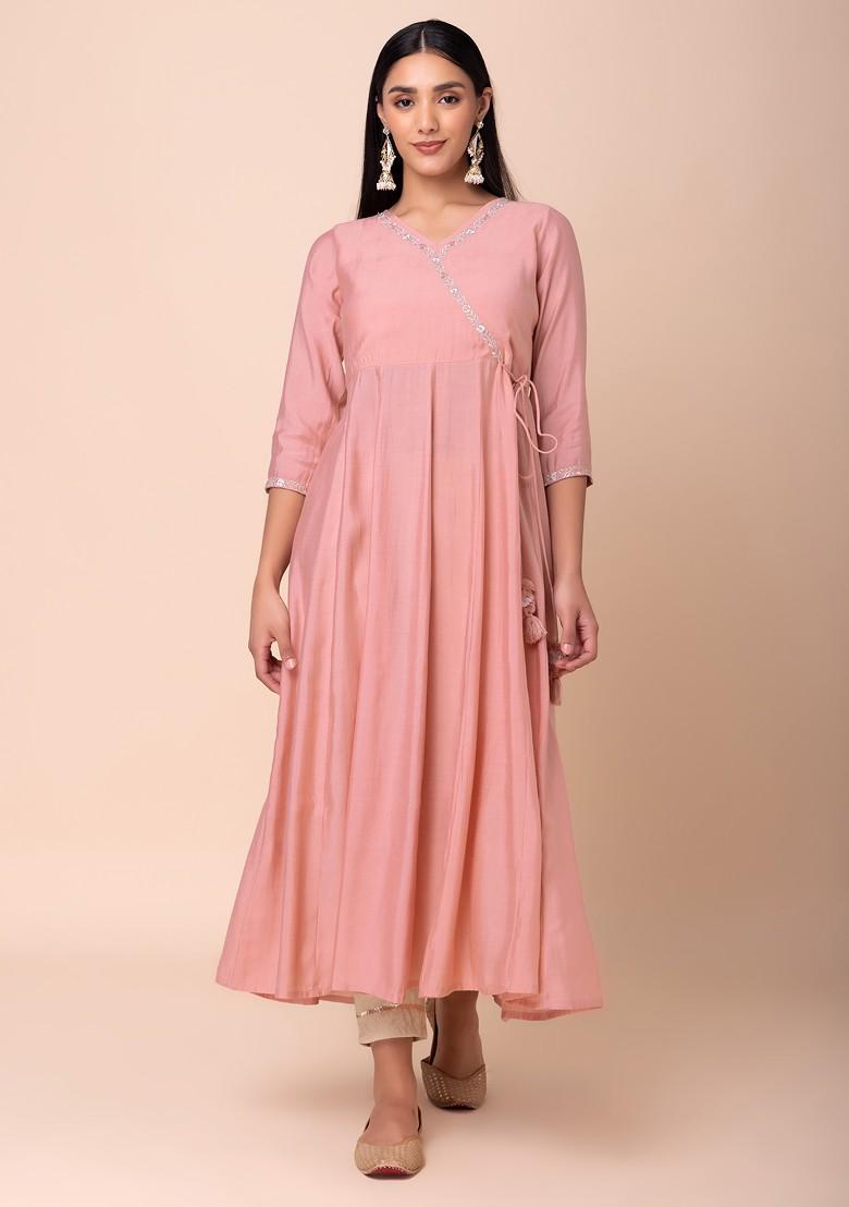 Pink Zari Embroidered Muslin Angrakha Kurta