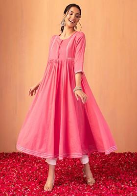 Pink Mirror Embroidered Cotton Tiered Kurta
