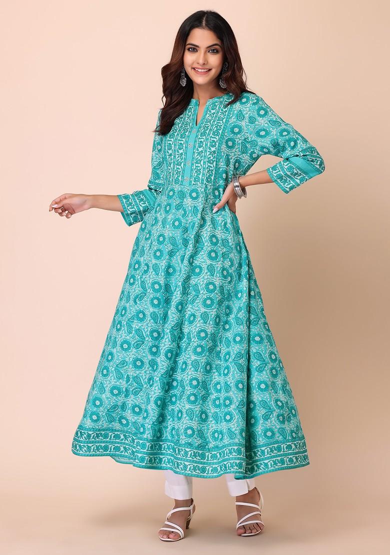 Blue Floral Print Muslin Anarkali Kurta 