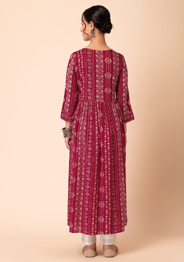 Red Batik Print Rayon Anarkali Kurta