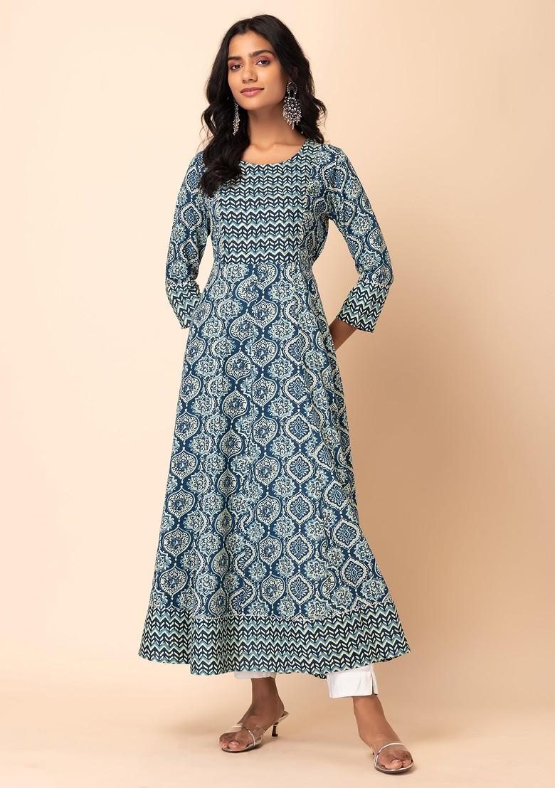 Grey Batik Print Rayon Anarkali Kurta