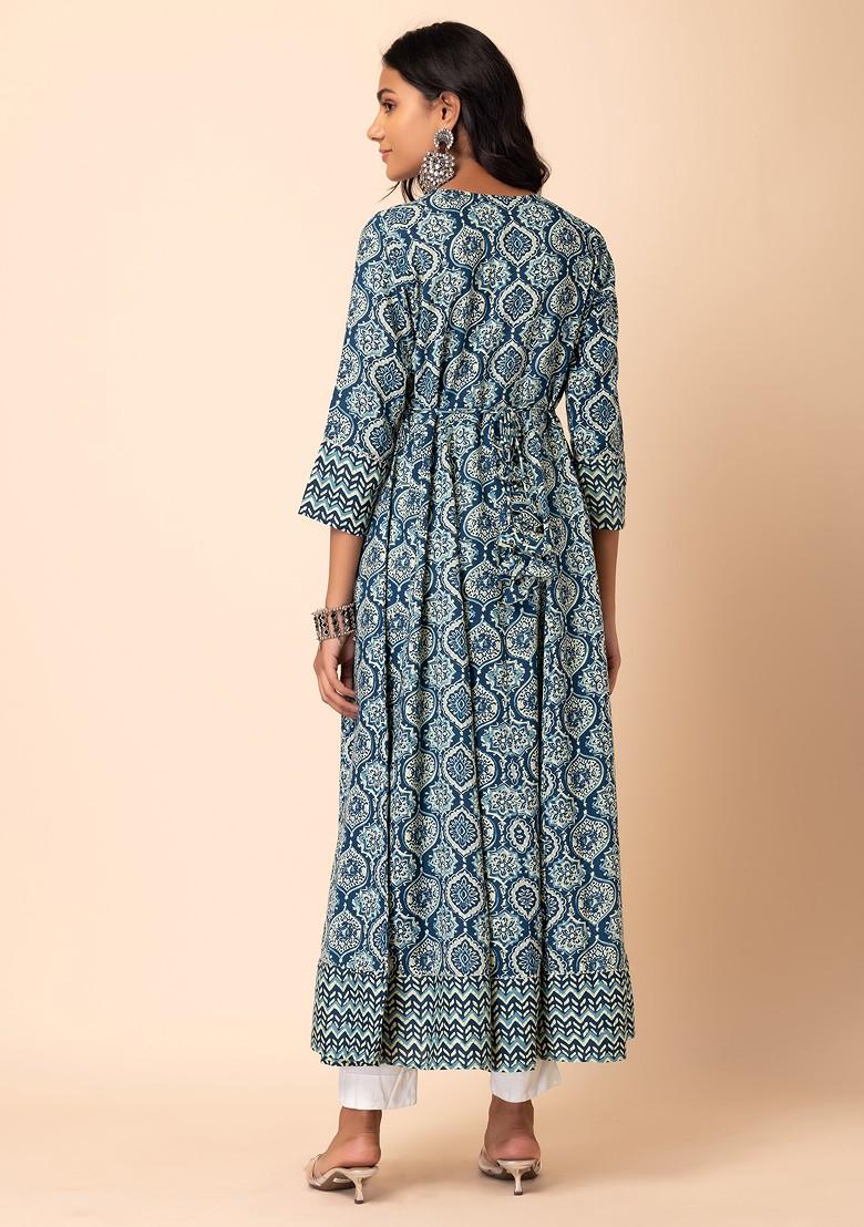 Grey Batik Print Rayon Anarkali Kurta