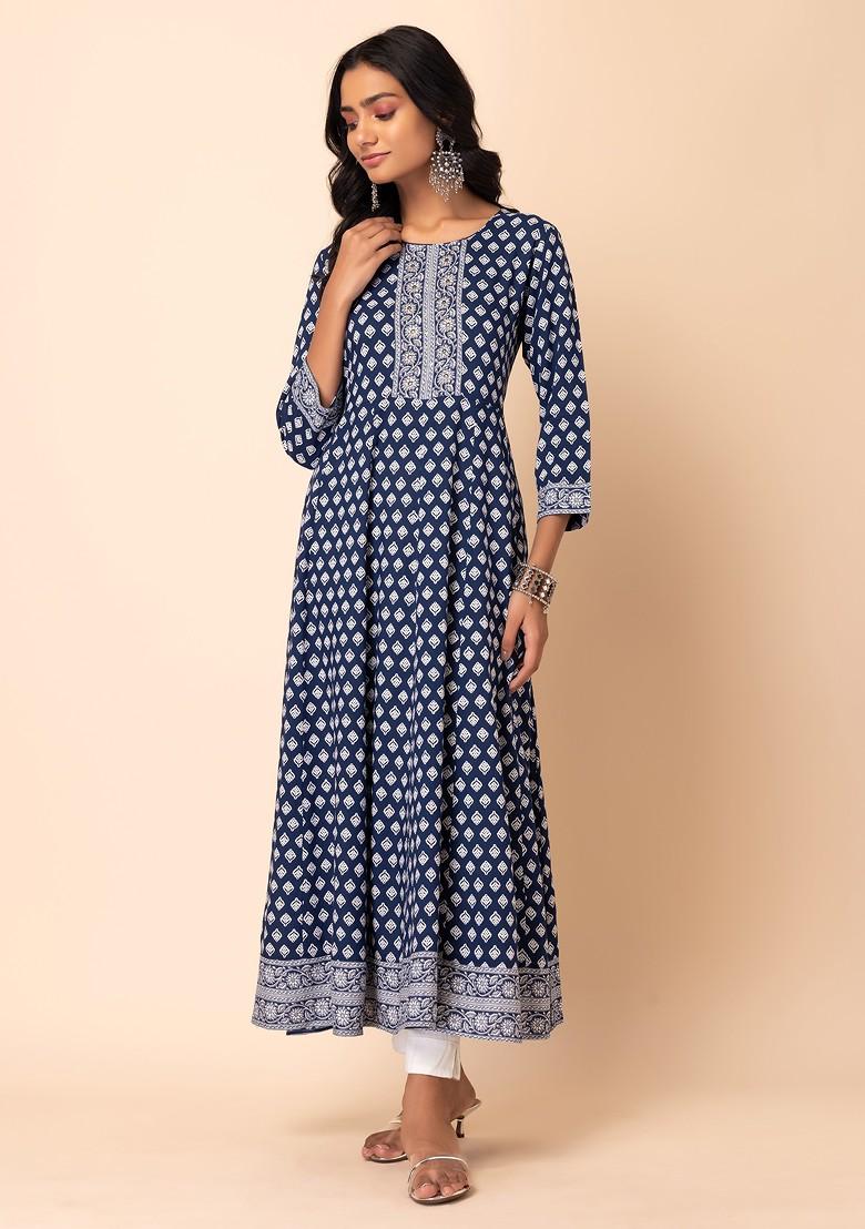 Dark Blue Batik Print Rayon Anarkali Kurta