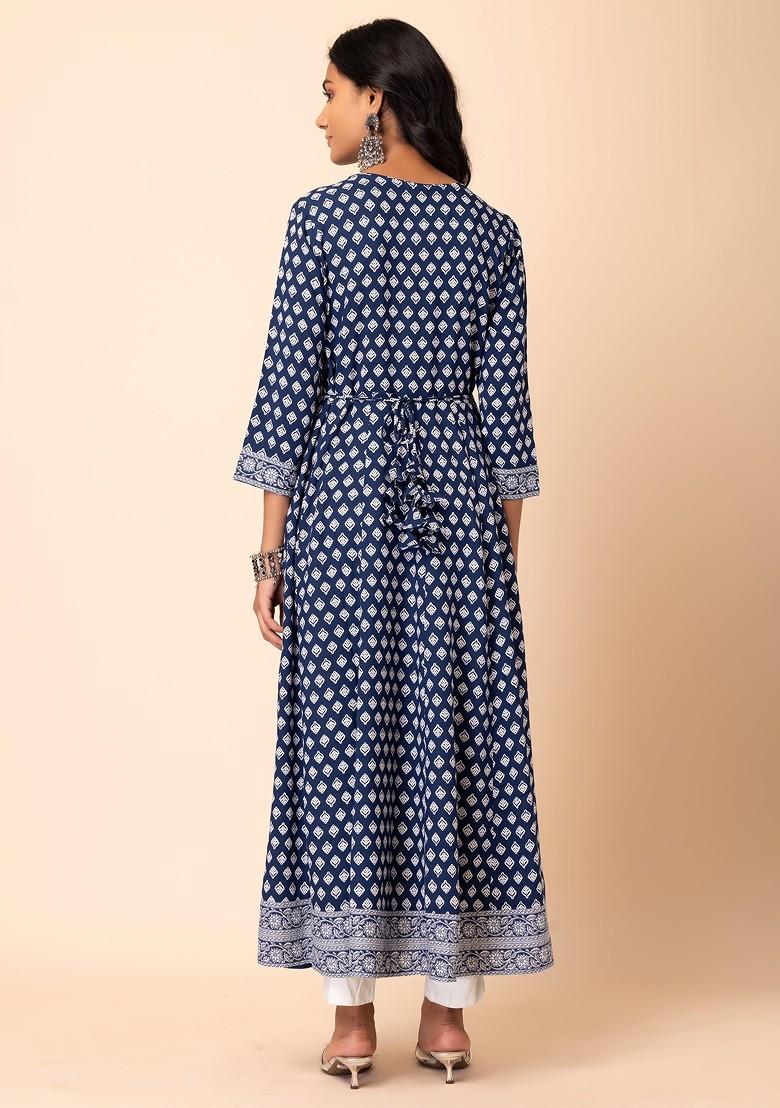 Dark Blue Batik Print Rayon Anarkali Kurta