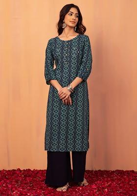 Turquoise Batik Print Cotton Straight Kurta
