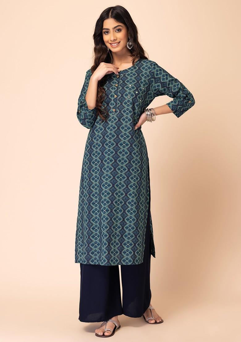 Turquoise Batik Print Cotton Straight Kurta