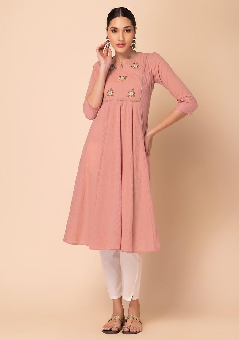 Peach Embroidered Cotton A-Line Kurta 