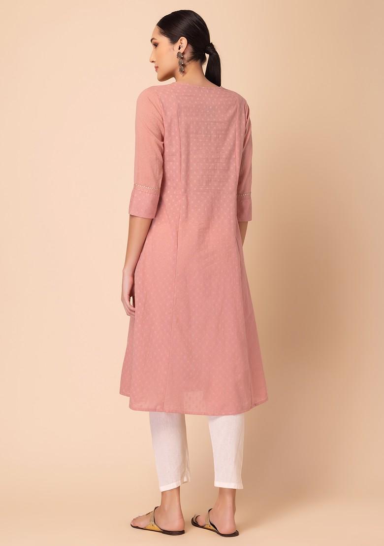 Peach Embroidered Cotton A-Line Kurta 