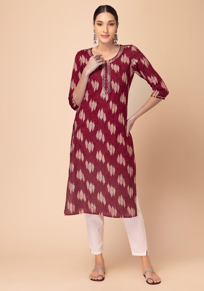 Maroon Leaf Print Embroidered Rayon Kurta 