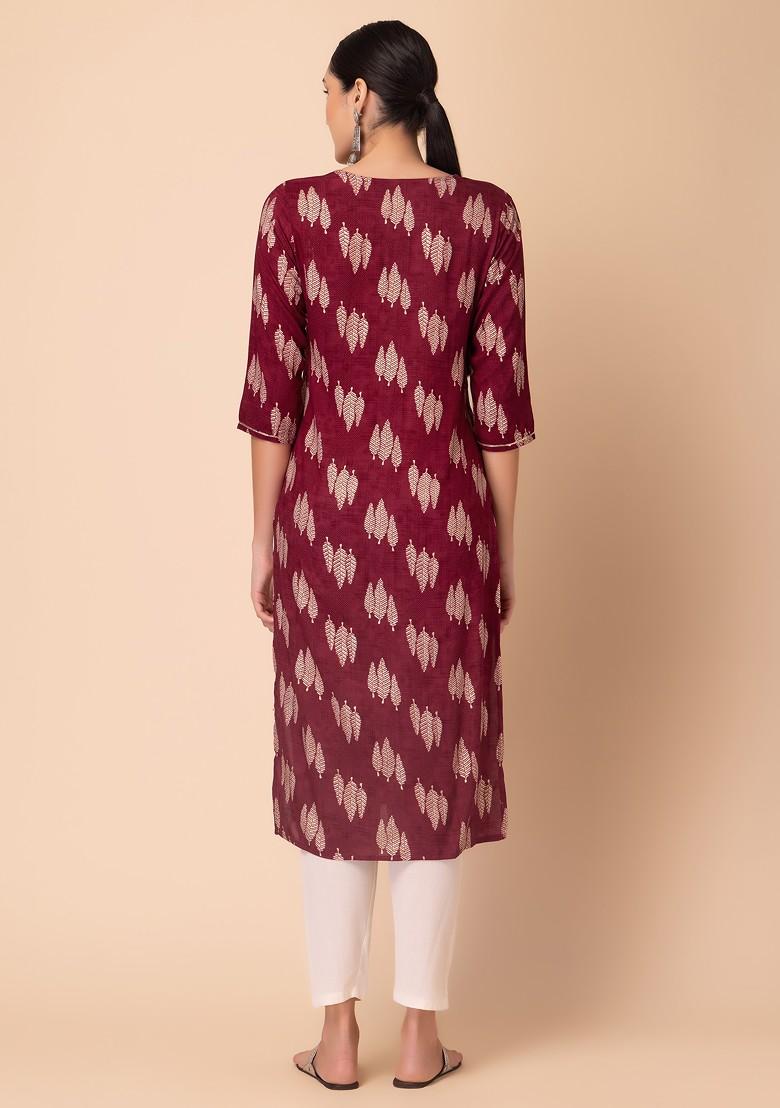 Maroon Leaf Print Embroidered Rayon Kurta 