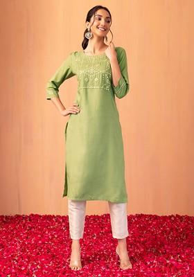 Pastel Green Mirror And Thread Embroidered Straight Kurta