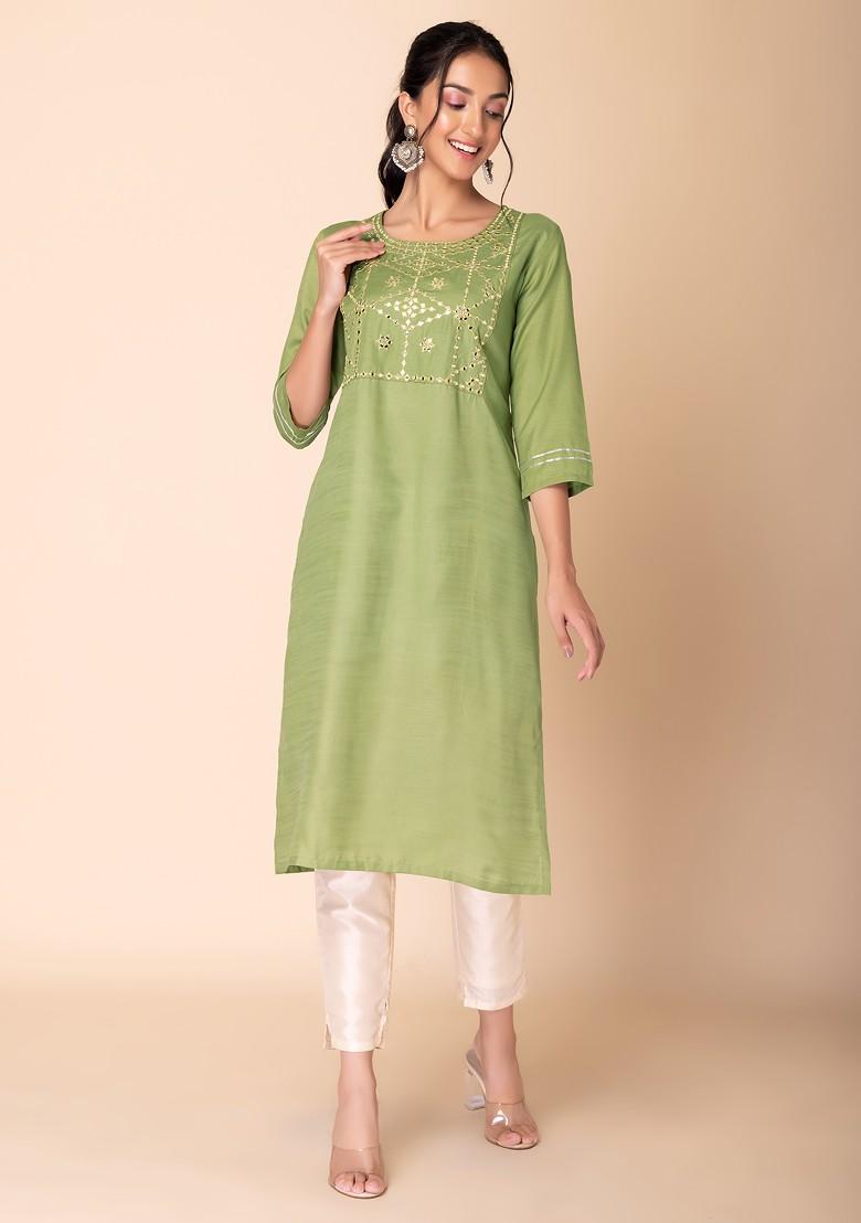 Pastel Green Mirror And Thread Embroidered Straight Kurta