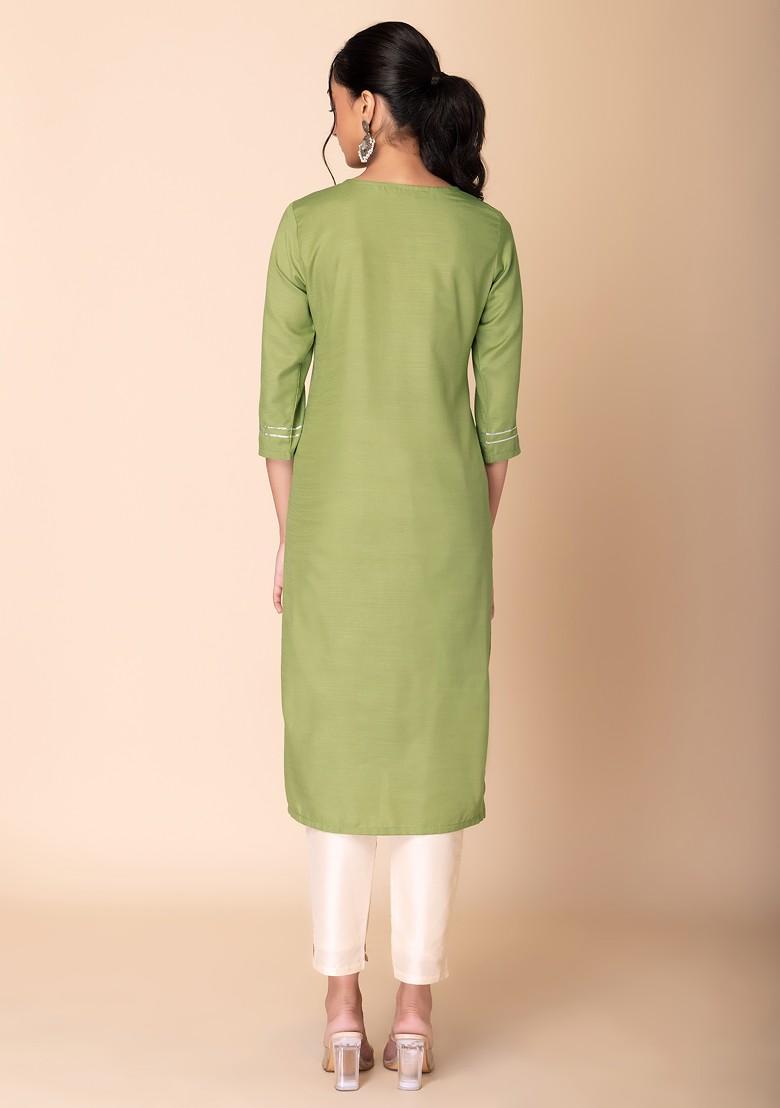 Pastel Green Mirror And Thread Embroidered Straight Kurta