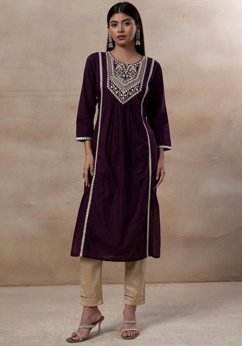 Dark Purple Mirror And Thread Embroidered Cotton Kurta