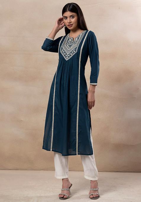 Teal Green Mirror And Thread Embroidered Cotton Kurta