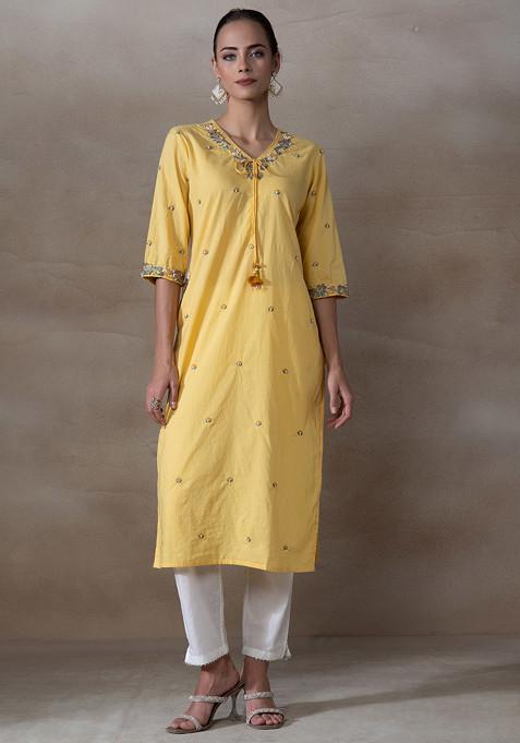 Yellow Multicolour Floral Thread Embroidered Kurta