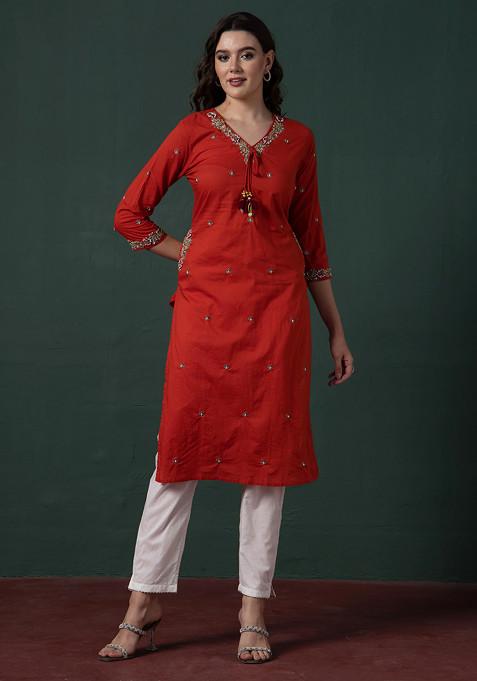 Orange Multicolour Floral Thread Embroidered Kurta