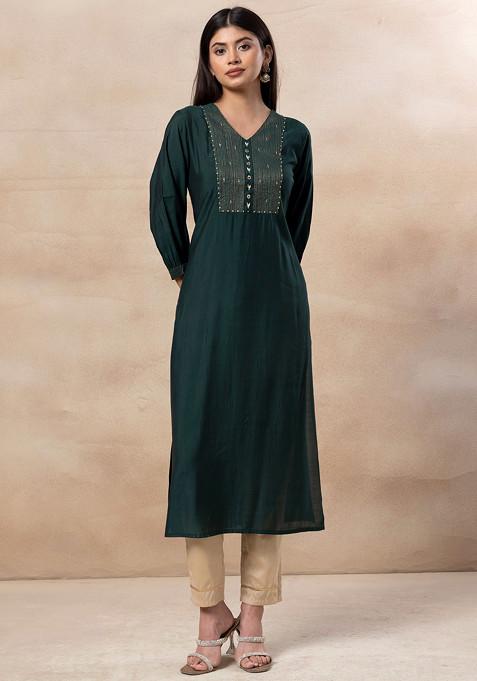 Green Zari Hand Embroidered Chanderi Kurta