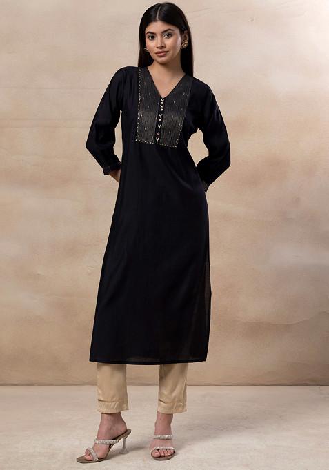 Black Zari Hand Embroidered Chanderi Kurta