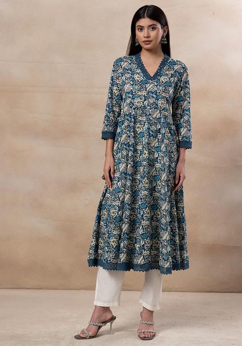 Teal Blue Floral Block Print Cotton Anarkali Kurta