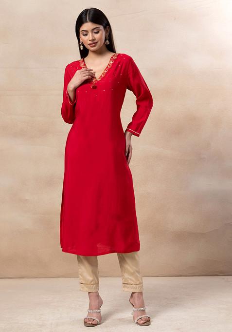 Red Floral Sequin Embellished Muslin Straight Kurta