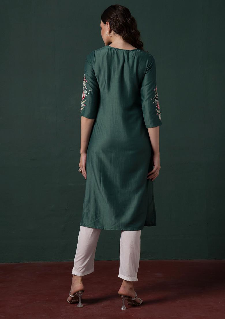 Women's Green Floral Straight Kurta