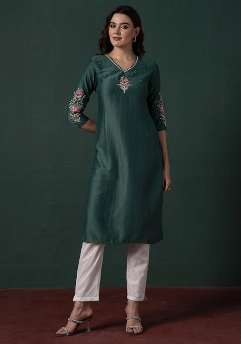 Dark Green Floral Dori Embroidered Straight Kurta