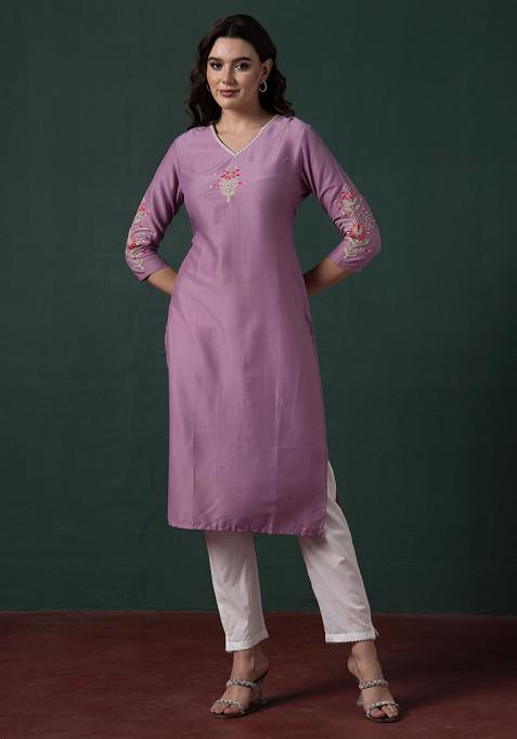 Lilac Floral Dori Embroidered Straight Kurta