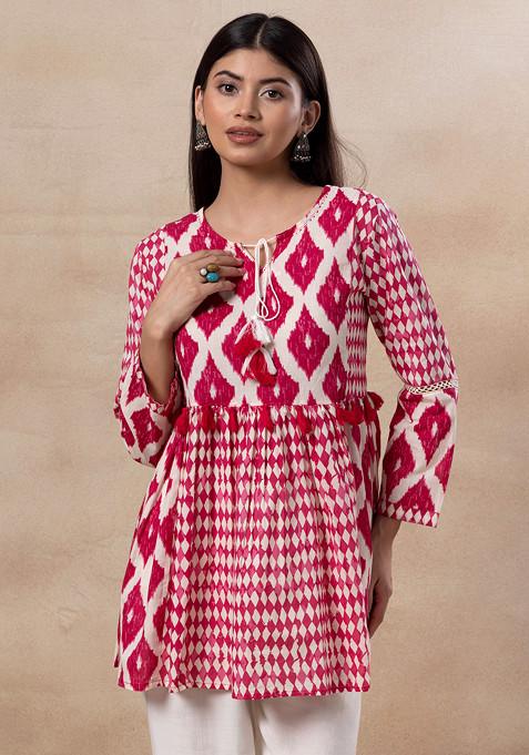 Pink Ikat Print Cotton Short Kurta