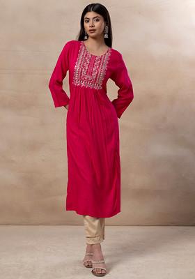 Pink Floral Zari Embroidered Rayon A-Line Kurta