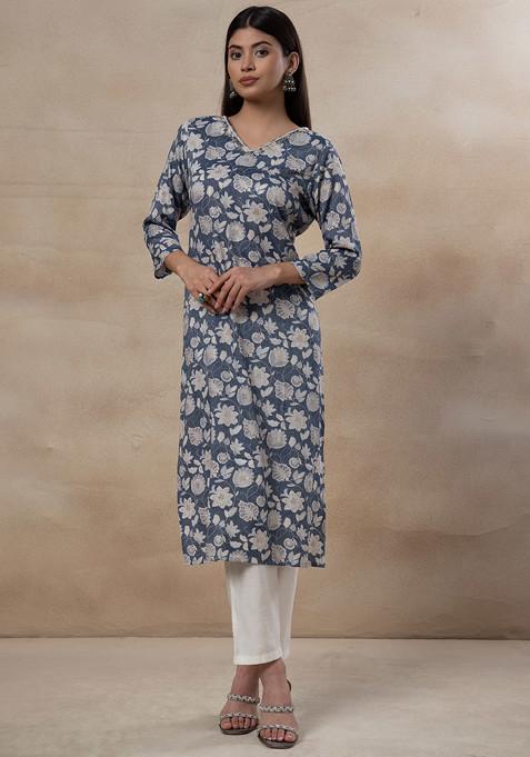 Powder Blue Floral Digital Print Embroidered Kurta