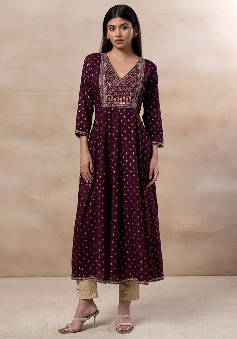 Purple Geometric Print Embroidered Rayon Anarkali Kurta