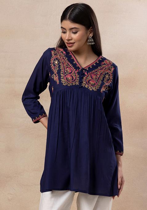 Navy Blue Paisley Embroidered Short Kurta