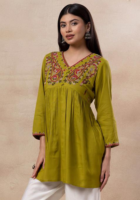 Mustard Yellow Paisley Embroidered Short Kurta