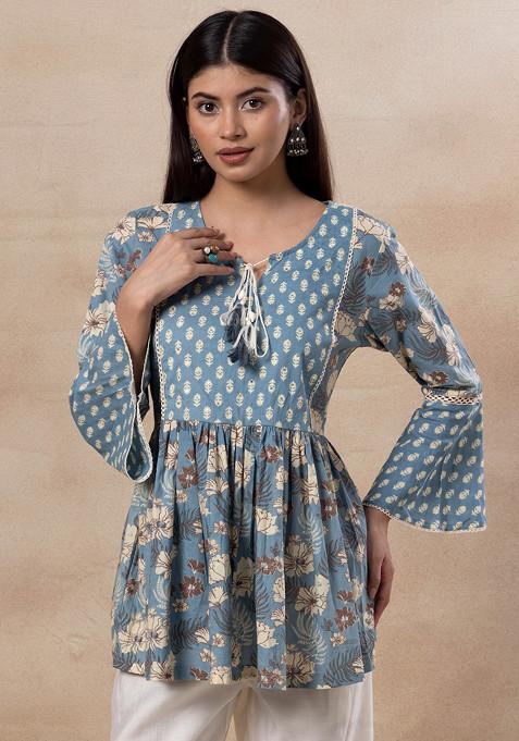 Blue Floral Print Short Cotton A-Line Kurta