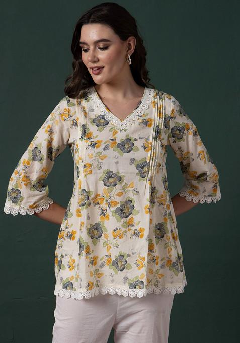 Ivory Floral Block Print Cotton Kurta