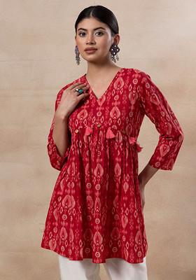 Pink Ikat Print Cotton A-Line Short Kurta