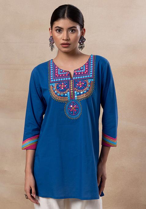 Blue Embroidered Yoke Cotton Short Kurta