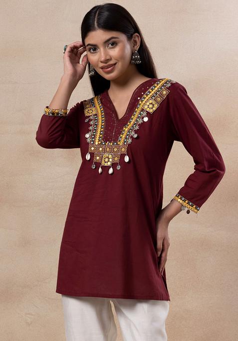 Maroon Embroidered Yoke Cotton Short Kurta