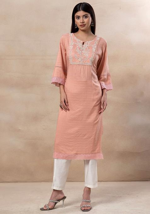 Peach Floral Thread Embroidered Kurta