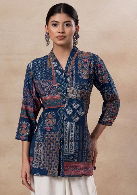 Teal Blue Block Print Short Kurta