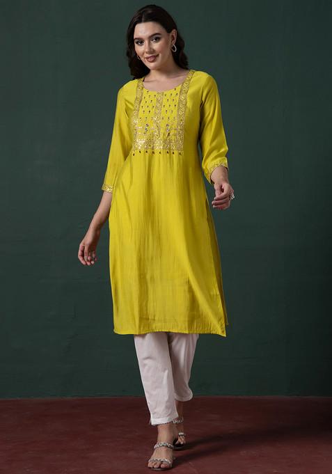 Lime Green Zari Embroidered Muslin Kurta